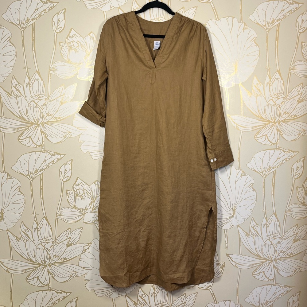 Felix Relaxed 100% Linen Midi Dress in Camel - Size Medium